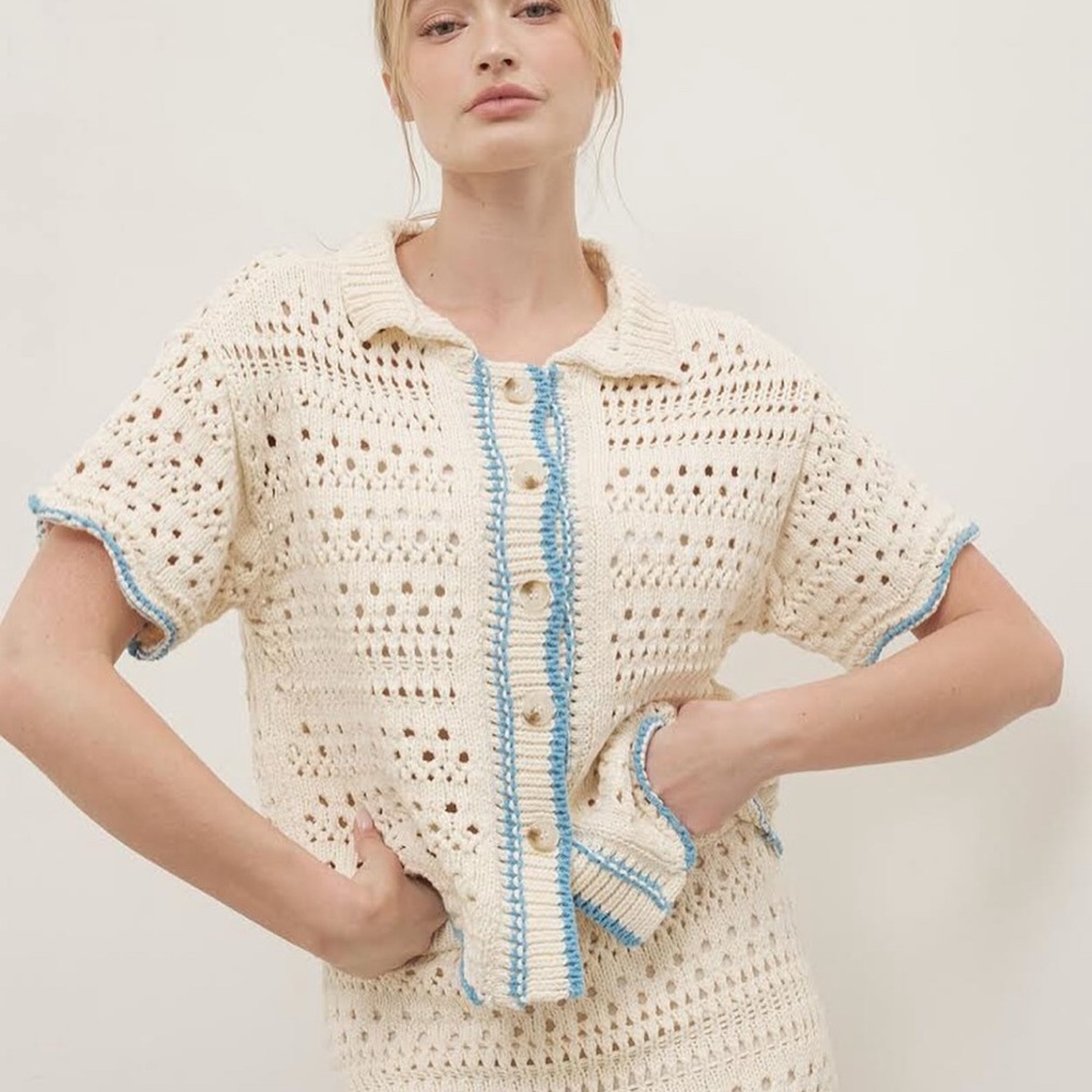 Amber & Amber Cream Crochet Button-Front Shirt & Skirt SET with Light Blue Trim